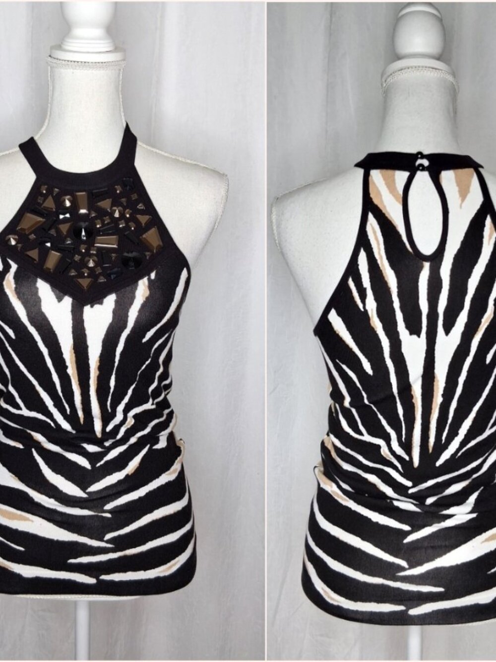 Vintage Cache Zebra Print Halter With Gem Bodice